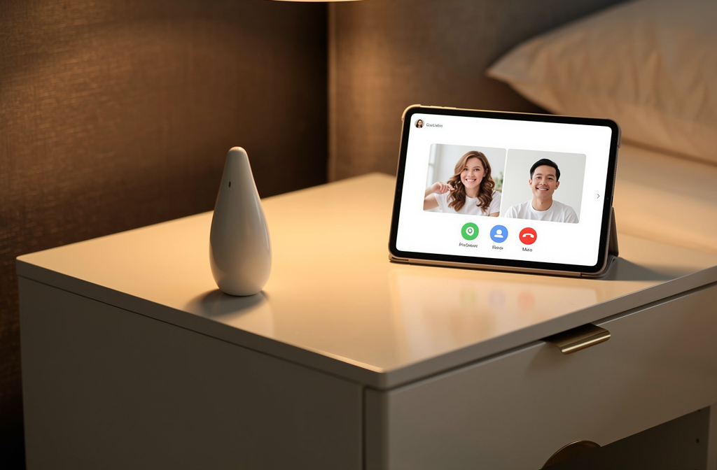 Appareil connecté posé sur une table de nuit à côté d'une tablette pour une relation à distance.