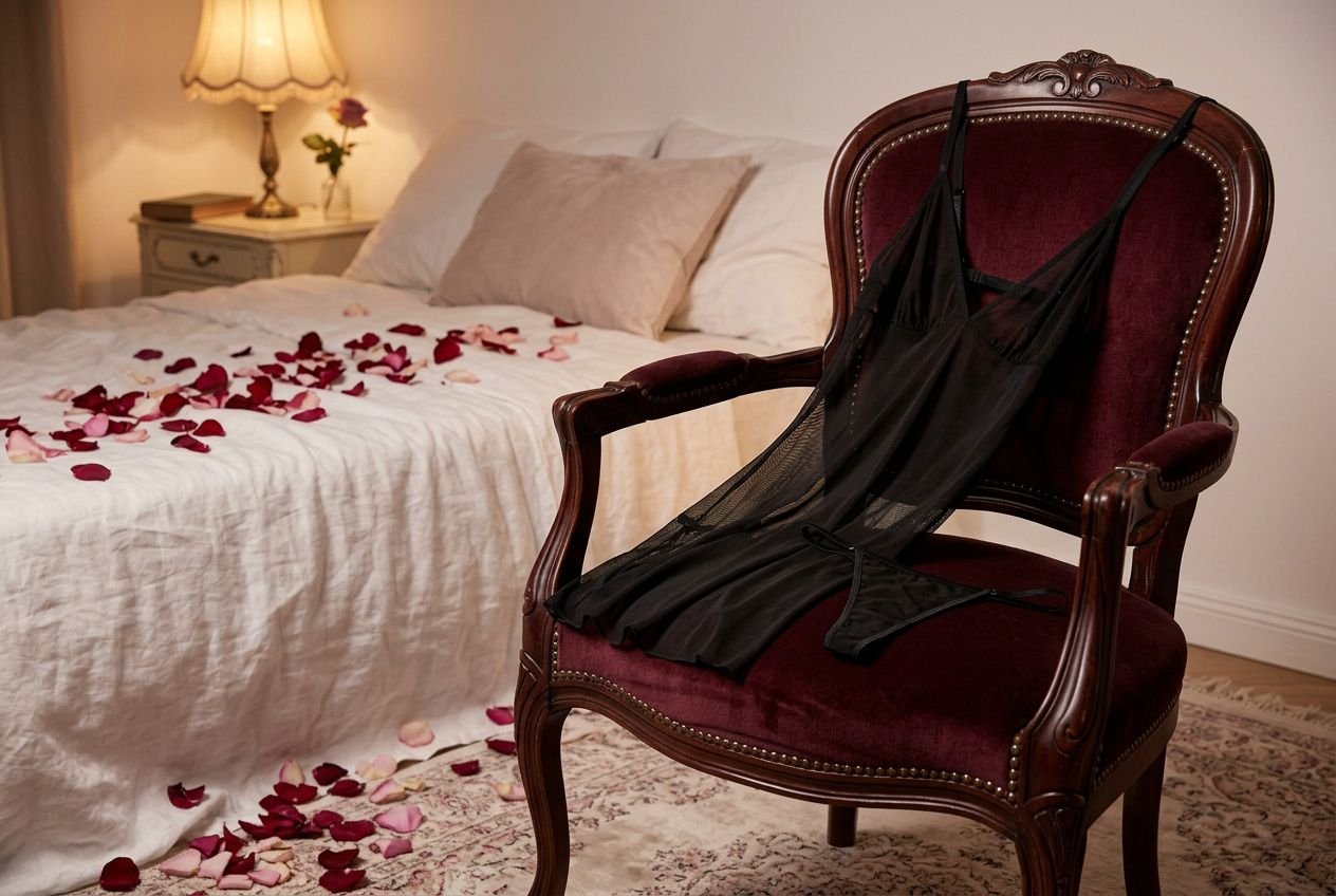 Nuisette noire transparente posée sur un fauteuil dans une chambre romantique tamisée.