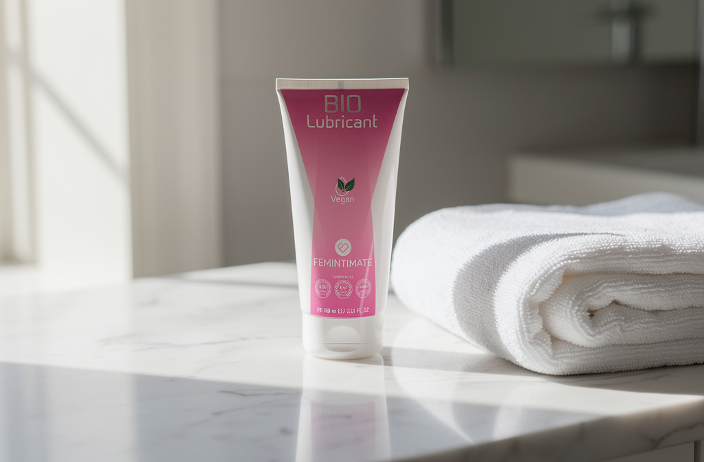 Tube de lubrifiant intime Bio FEMINTIMATE sur un comptoir de salle de bain