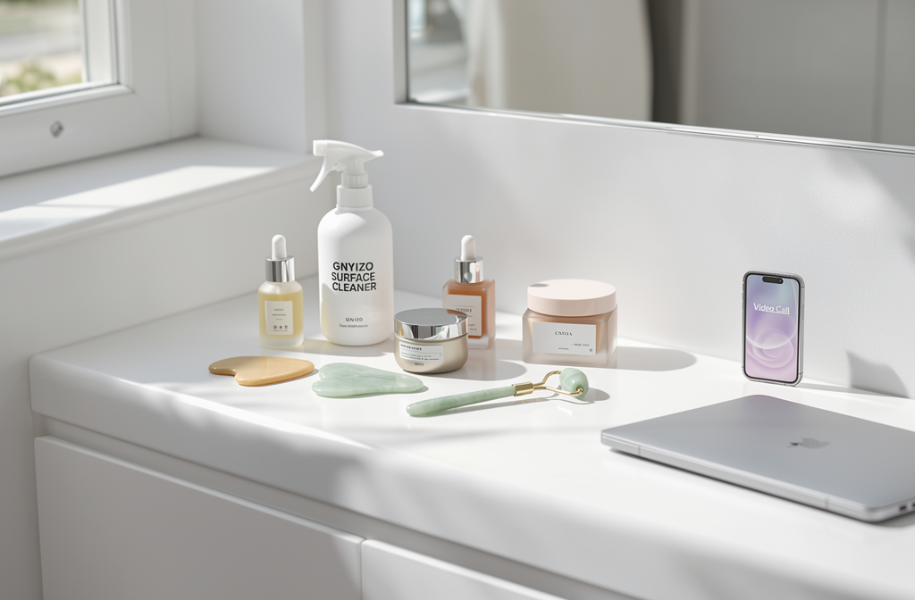 Spray nettoyant pour jouets intimes posé sur une coiffeuse près d'un miroir de maquillage