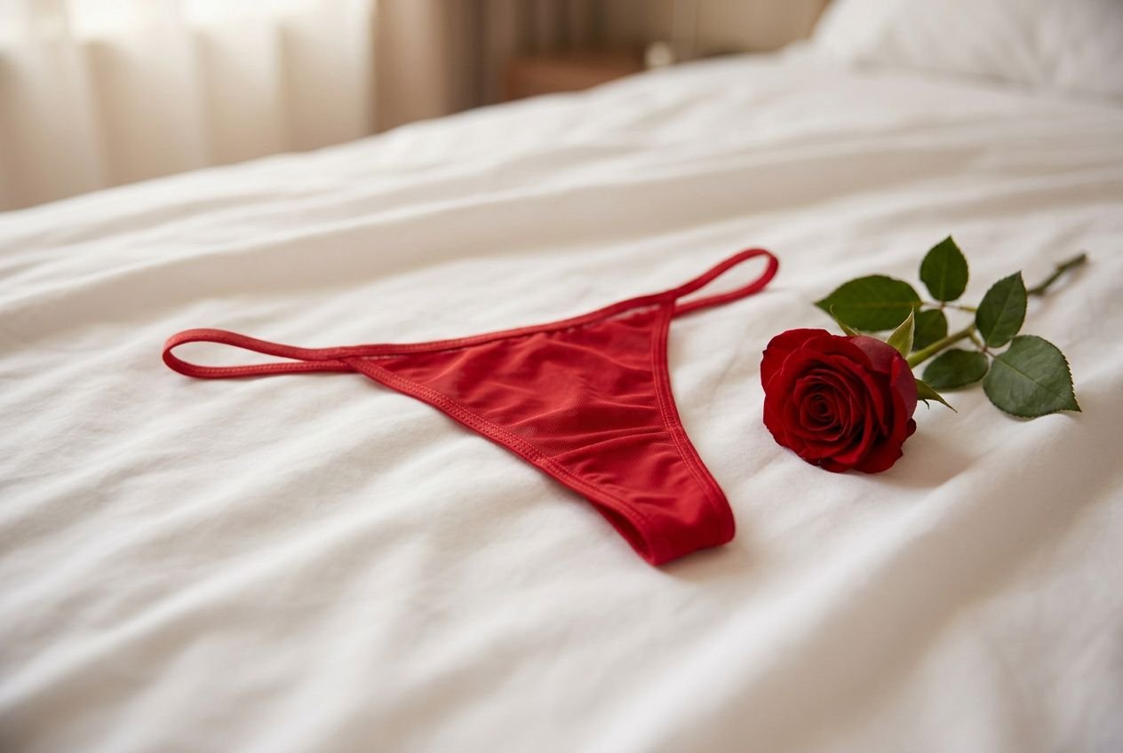 String rouge posé sur un drap blanc avec une rose rouge, symbole de séduction au début d'une relation amoureuse.