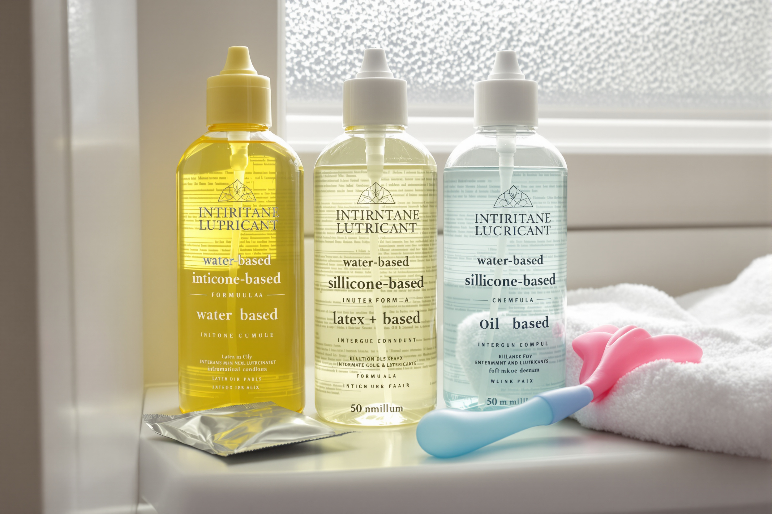 Trois flacons de lubrifiant eau, silicone et huile avec préservatif et sextoy