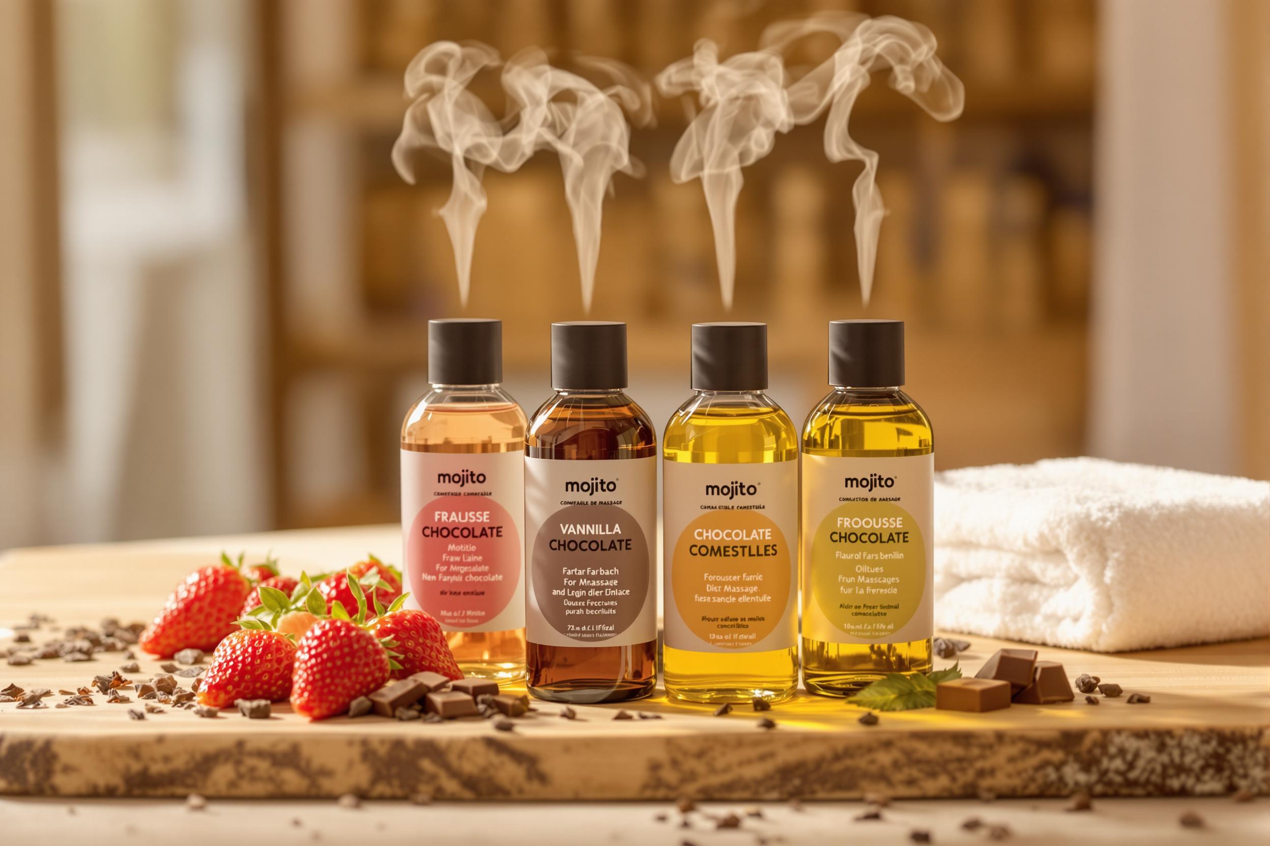 Collection d'huiles de massage parfumées sur une coiffeuse