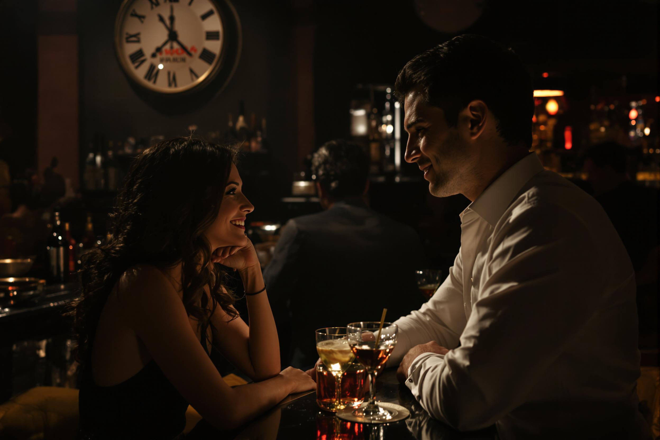 Flirt subtil à travers un jeu de regards mystérieux dans un bar authentique