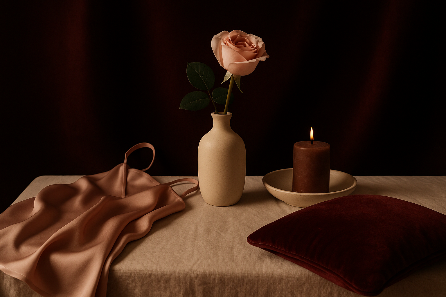 Nature morte élégante évoquant l'aftercare : bougie, drap ivoire, flacon d'huile et textures bordeaux sur lumière chaude
