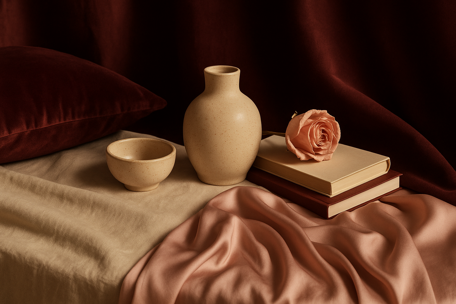 Nature morte élégante évoquant le toucher attentionné : tissus bordeaux et ivoire, textures sensorielles et lumière chaude