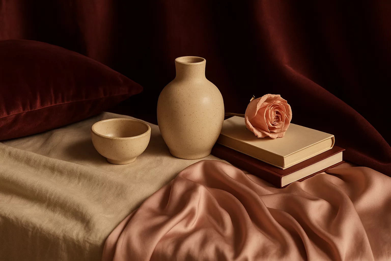 Nature morte élégante évoquant le toucher attentionné : tissus bordeaux et ivoire, textures sensorielles et lumière chaude
