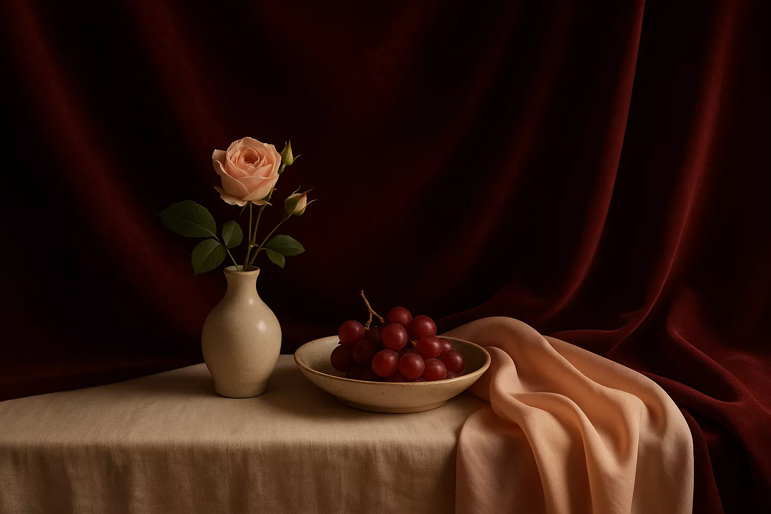 Nature morte élégante : bougies, textiles bordeaux et ivoire, carnet et pierre de massage, lumière chaude type cinéma.
