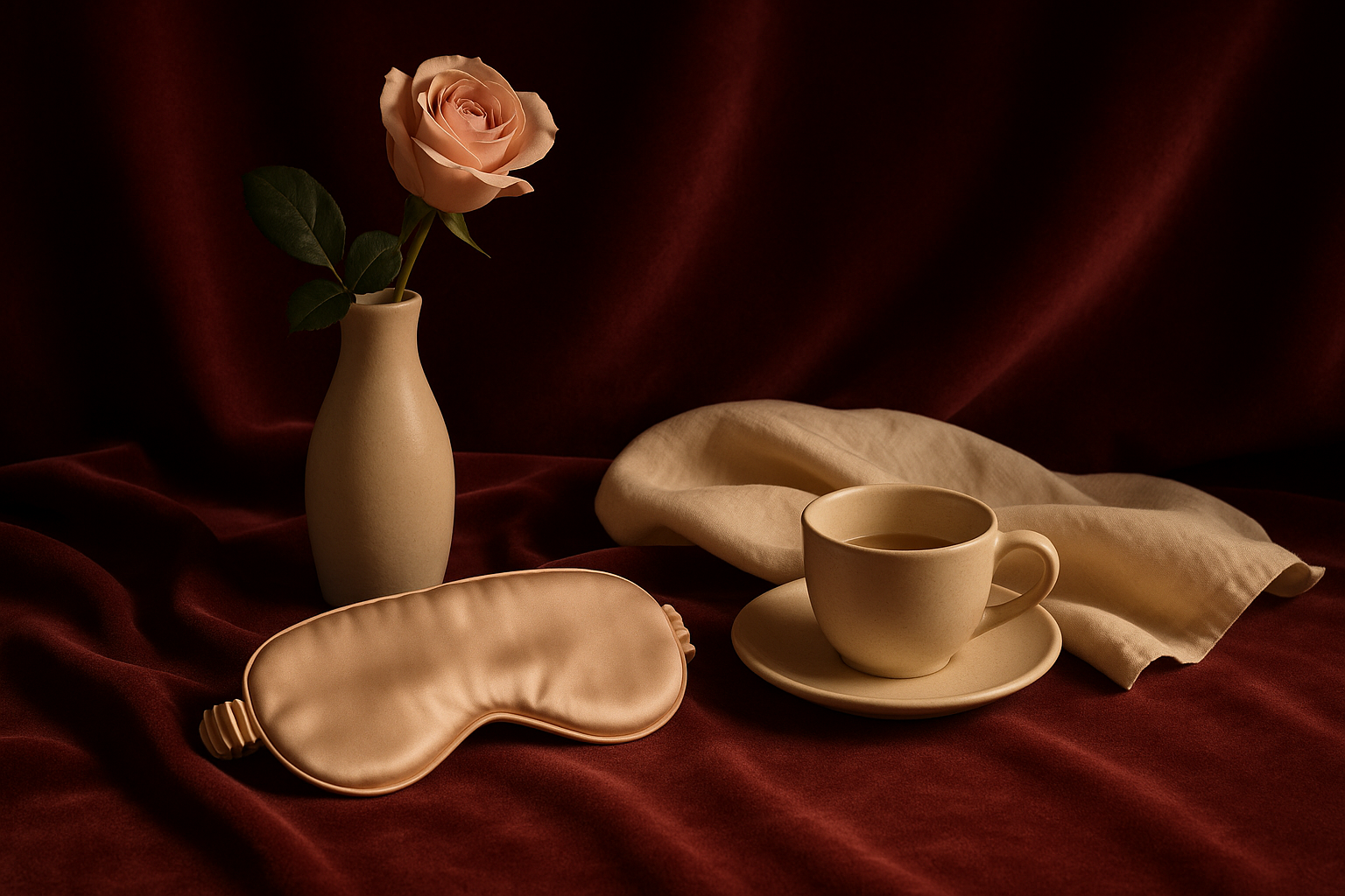 Nature morte élégante : textures de lingerie, rubans et tissu ivoire sur fond bordeaux, lumière cinématographique chaude