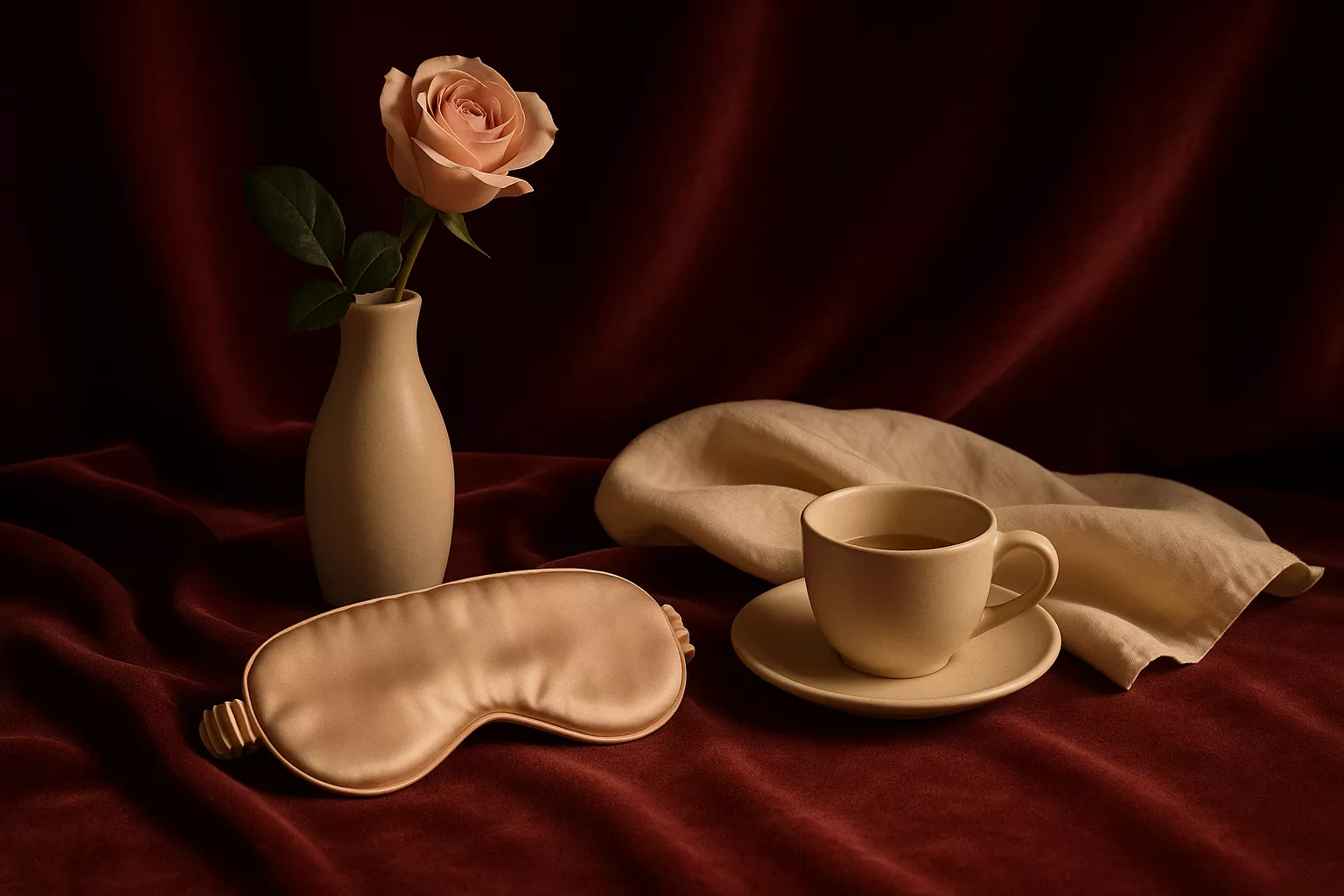 Nature morte élégante : textures de lingerie, rubans et tissu ivoire sur fond bordeaux, lumière cinématographique chaude