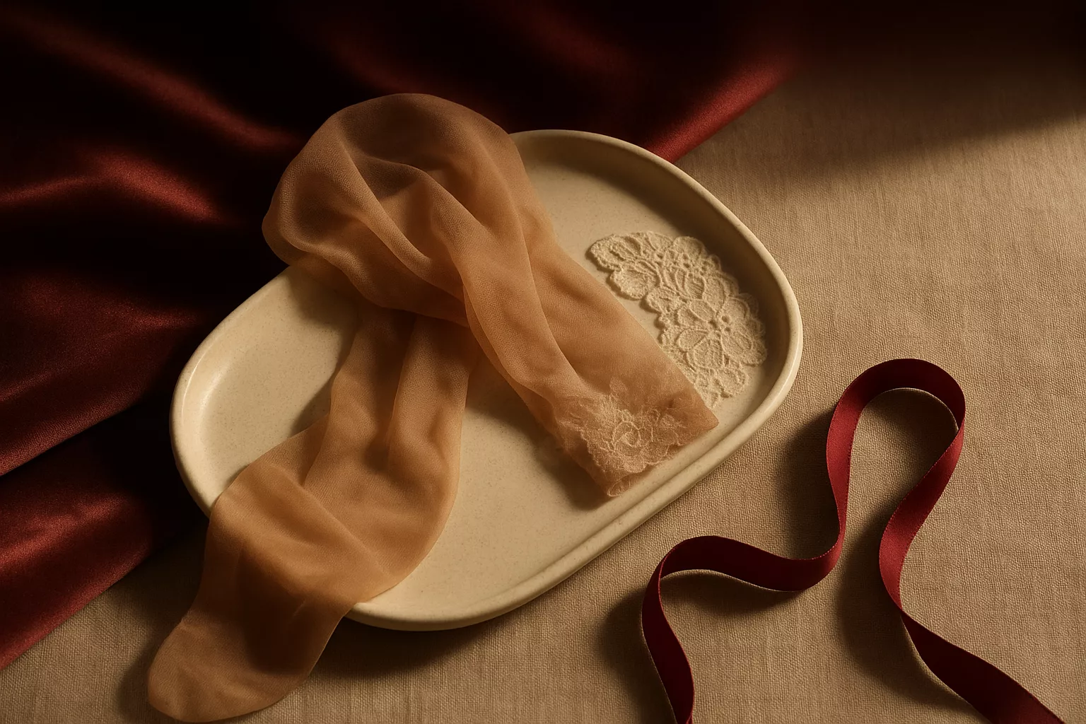 Nature morte : bas en nylon semi‑transparent couleur chair pliés sur un plateau ivoire, dentelle visible et ruban bordeaux, éclairage chaud.