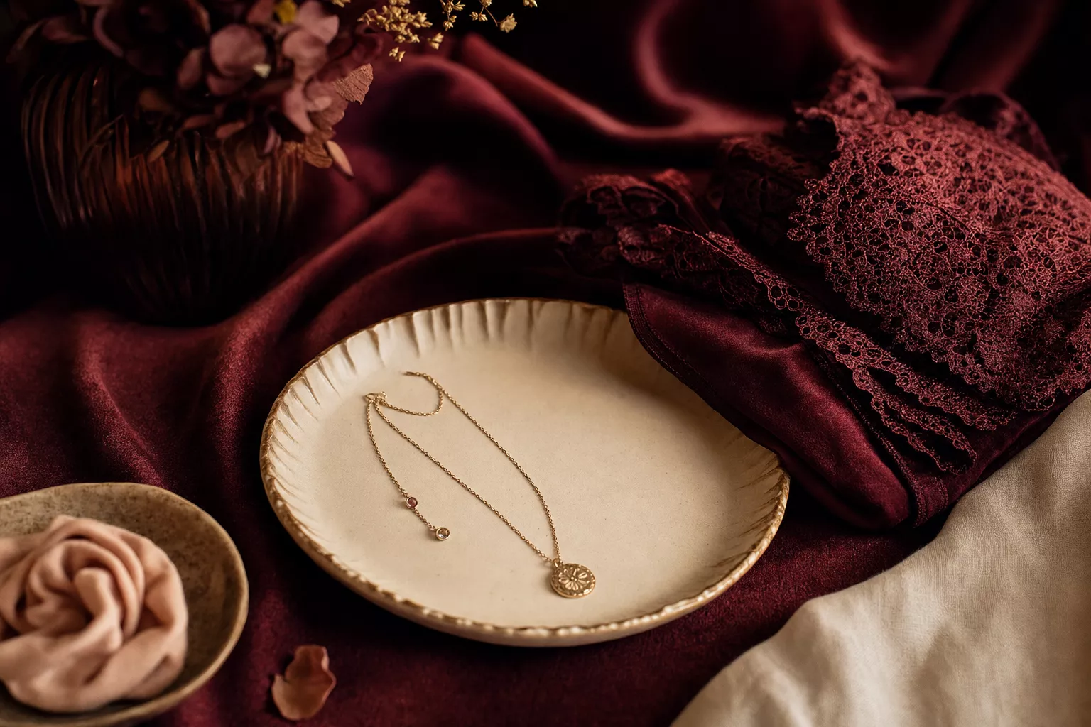 Bijou tour de cou argenté posé sur une lingerie dentelle bordeaux, éclairage chaud et textures satin et velours.