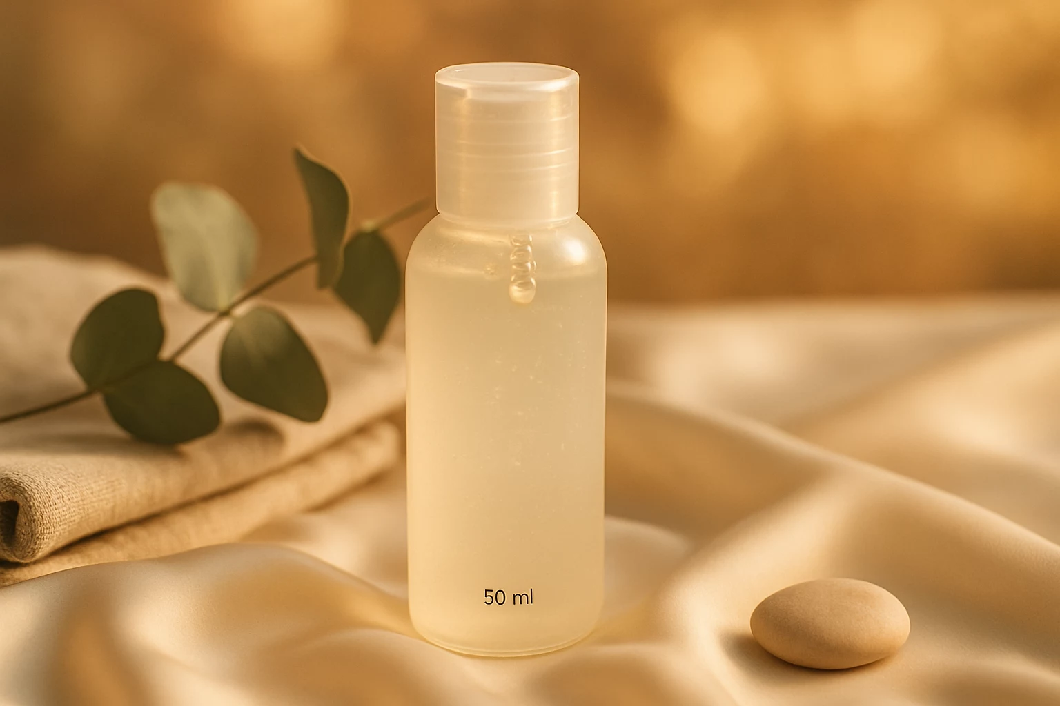 Flacon de lubrifiant 50 ml posé sur soie crème, éclairage doré, composition estivale élégante