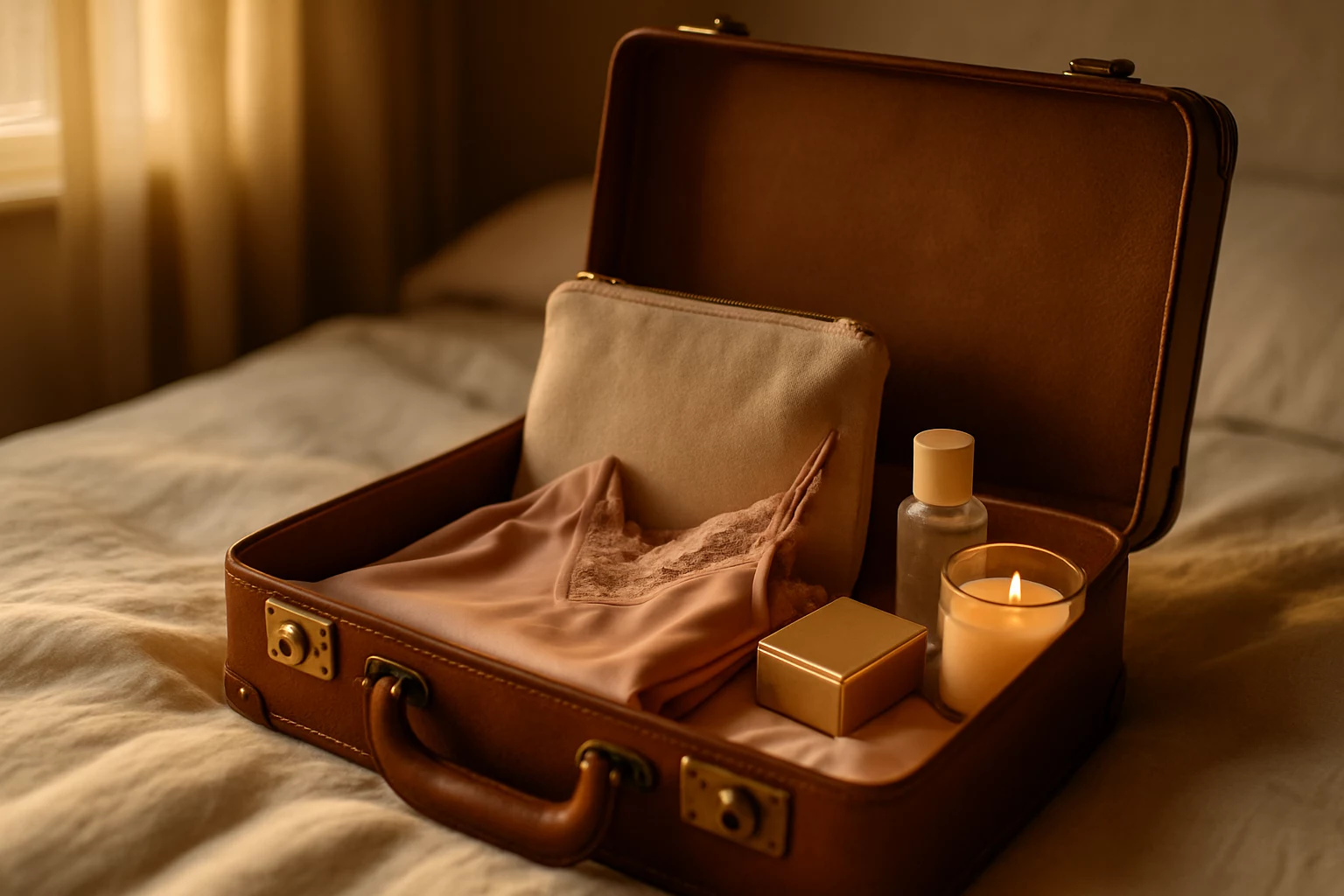 Valise ouverte sur un lit en lin avec trousse intime, lingerie pliée et petit coffret de jeu, ambiance dorée et chaleureuse