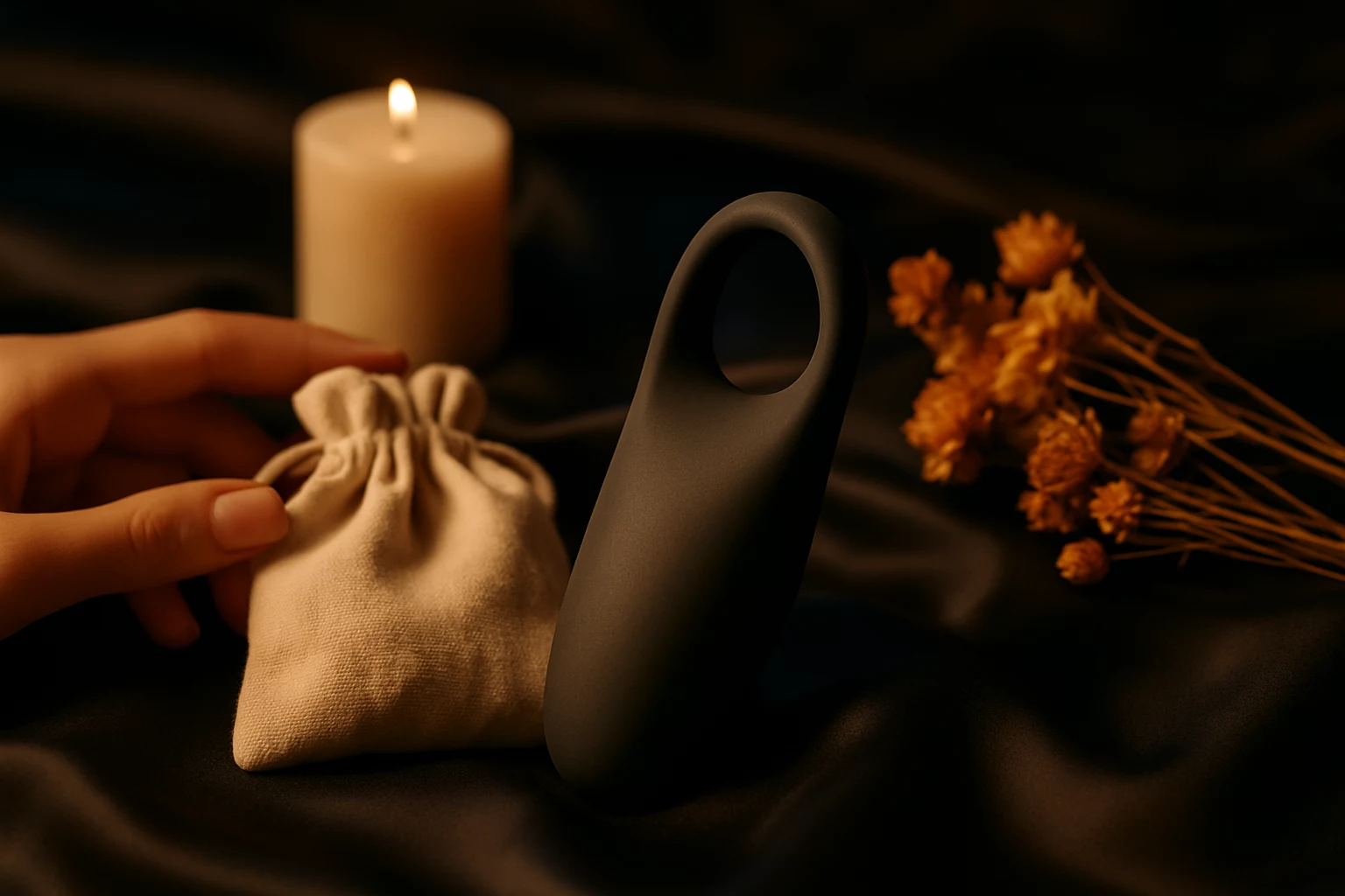 Men Vibration posé sur un drapé de soie noire, présenté avec pochon et fleurs séchées dans une lumière chaude et sophistiquée