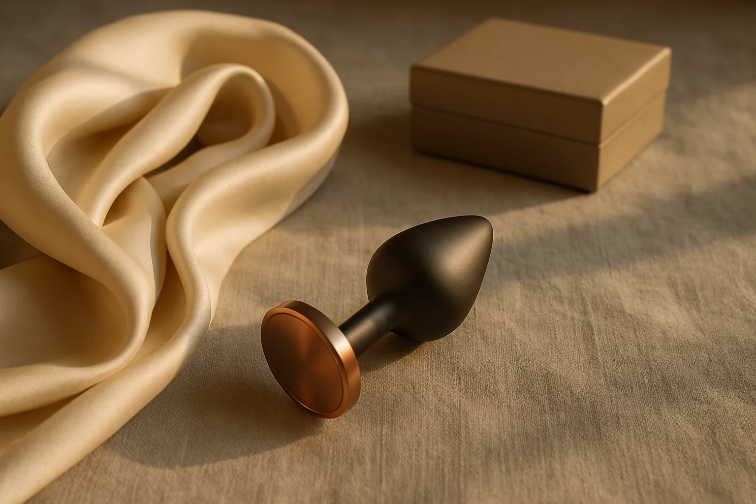Plug présenté en packshot élégant sur tissu texturé, styling soyeux et coffret discret en arrière‑plan