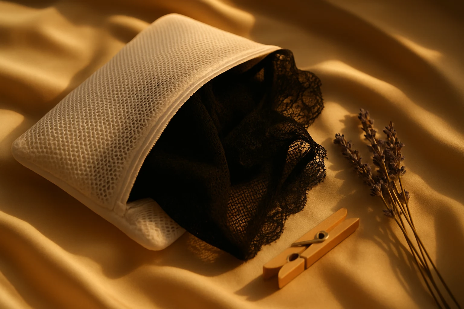 Sac de lavage blanc ouvert avec lingerie en résille noire et dentelle posée sur tissu crème, détail lavande, lumière chaude