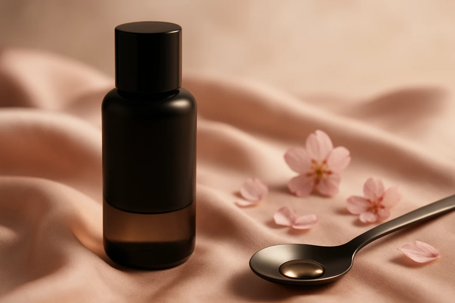 Flacon 50 ml de lubrifiant silicone posé sur soie rose poudré, pétales de fleurs et goutte brillante en gros plan, lumière douce.