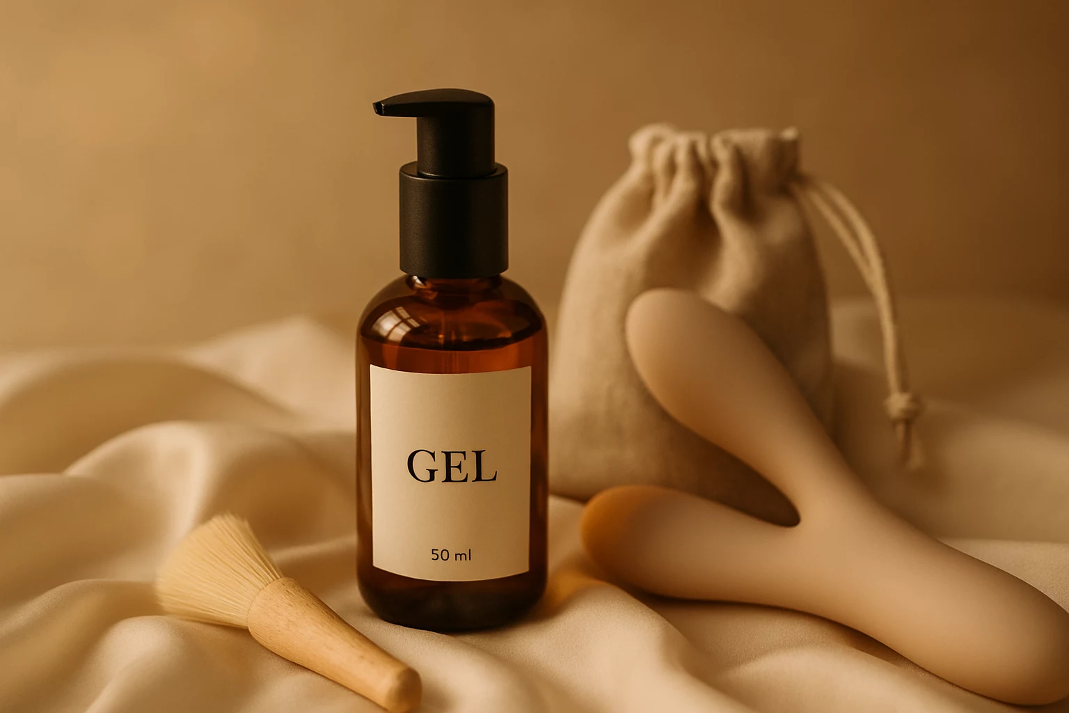 Packshot élégant : flacon de Gel Lubrix 50 ml posé sur soie crème, avec pochon lin et accessoire de nettoyage, lumière chaude et atmosphère premium