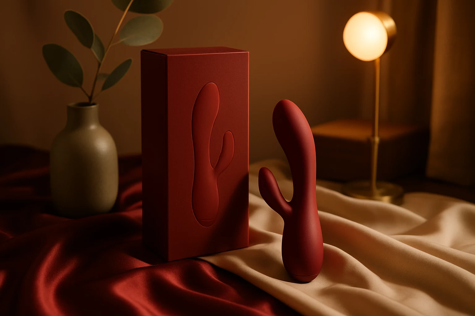 Mise en scène élégante du vibromasseur rabbit Kissy rouge posé sur satin bordeaux, lumière chaude et accessoires discrets