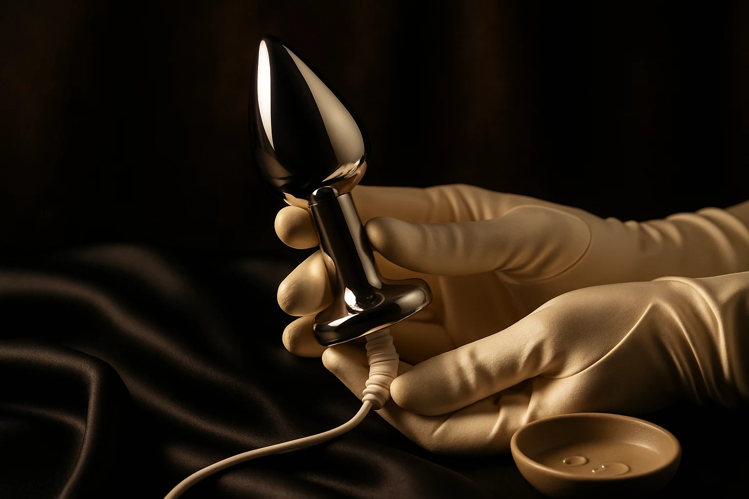 Plug électro‑stimulation posé sur satin noir, éclairage doux et mise en scène élégante