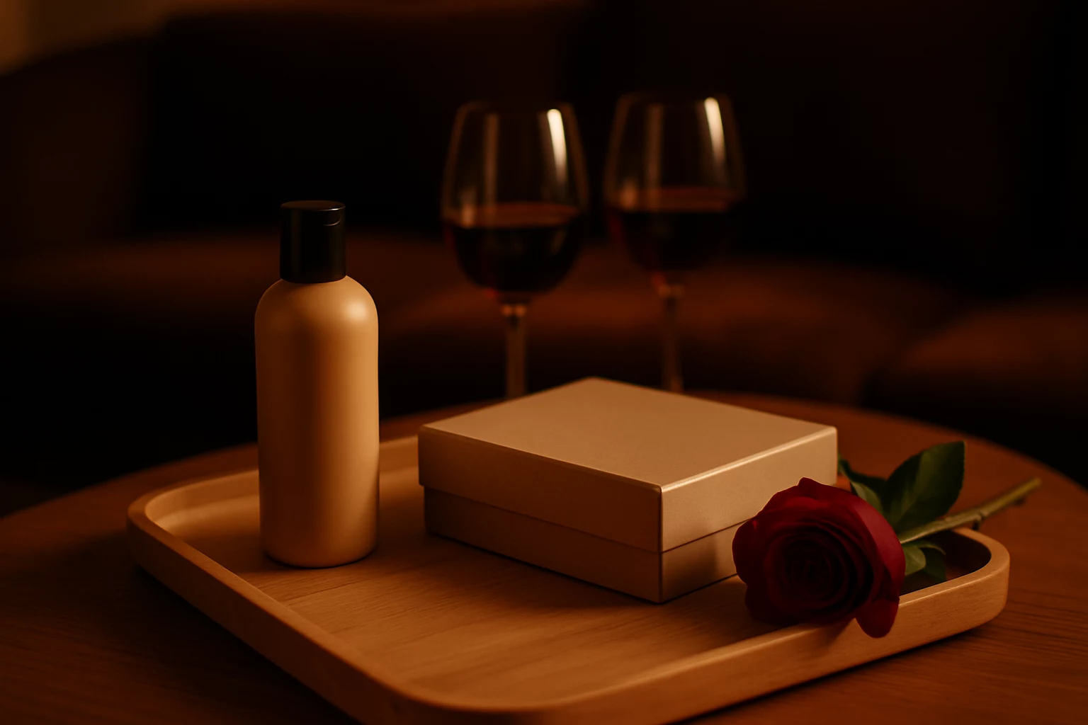Plateau élégant avec boîte de jeu érotique, huile de massage et verres à vin, ambiance tamisée et sensuelle