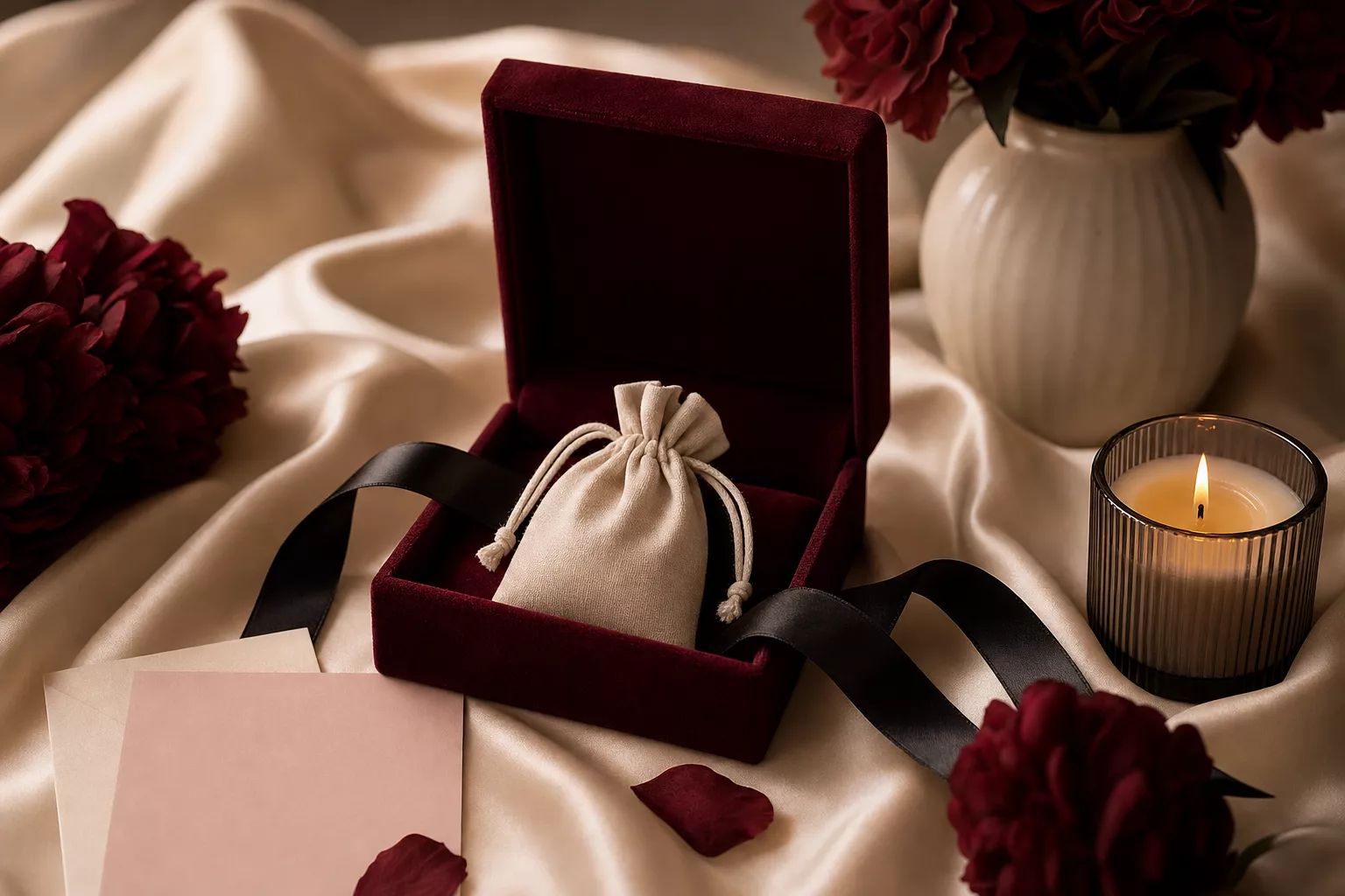 Nature morte élégante : écrin en velours bordeaux sur satin ivoire, bougie et pochon, éclairage chaud.