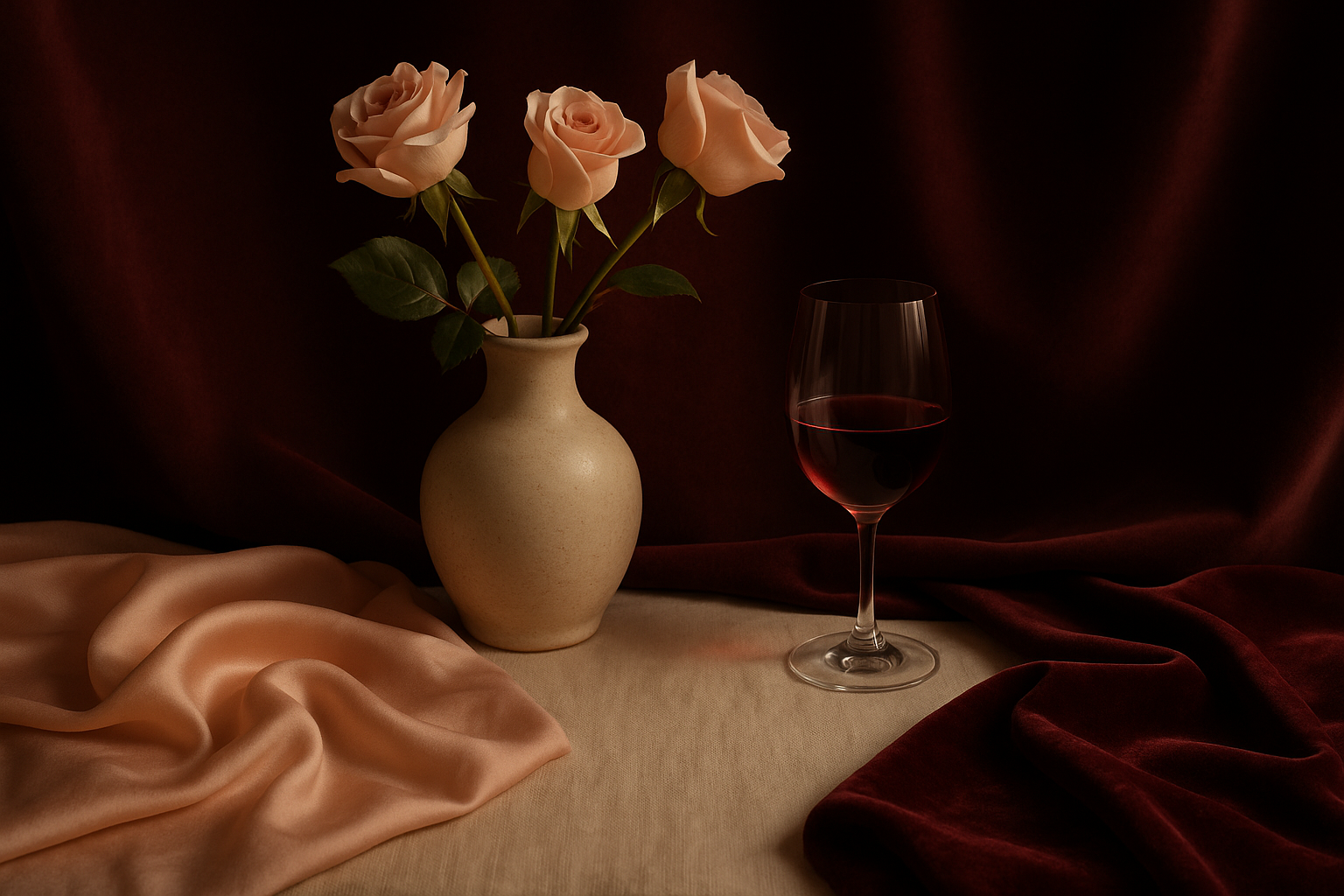 Nature morte sobre : tissus bordeaux et ivoire, ruban soyeux et carnet de notes sur une table, lumière chaude cinéma — ambiance élégante et discrète.