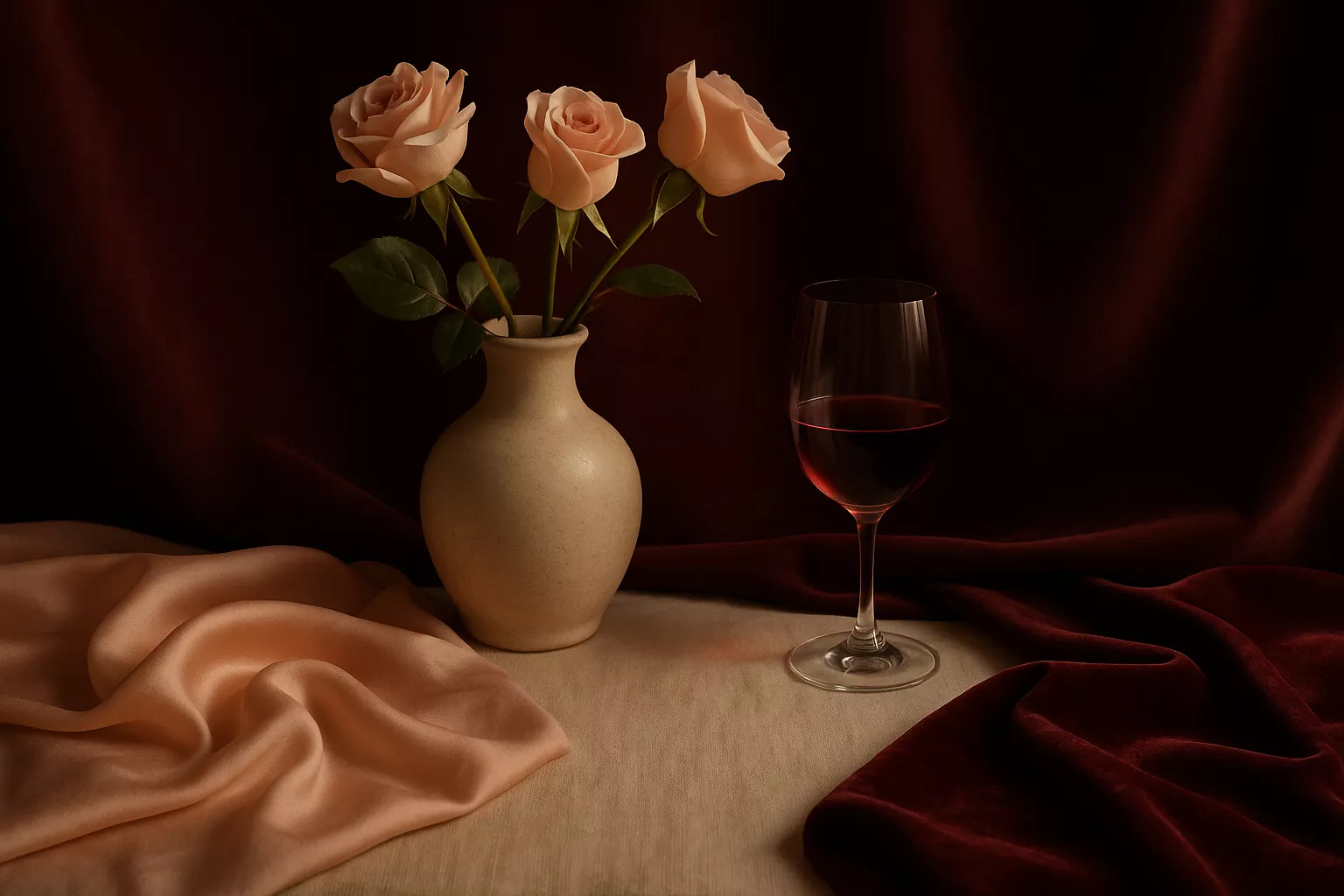 Nature morte sobre : tissus bordeaux et ivoire, ruban soyeux et carnet de notes sur une table, lumière chaude cinéma — ambiance élégante et discrète.
