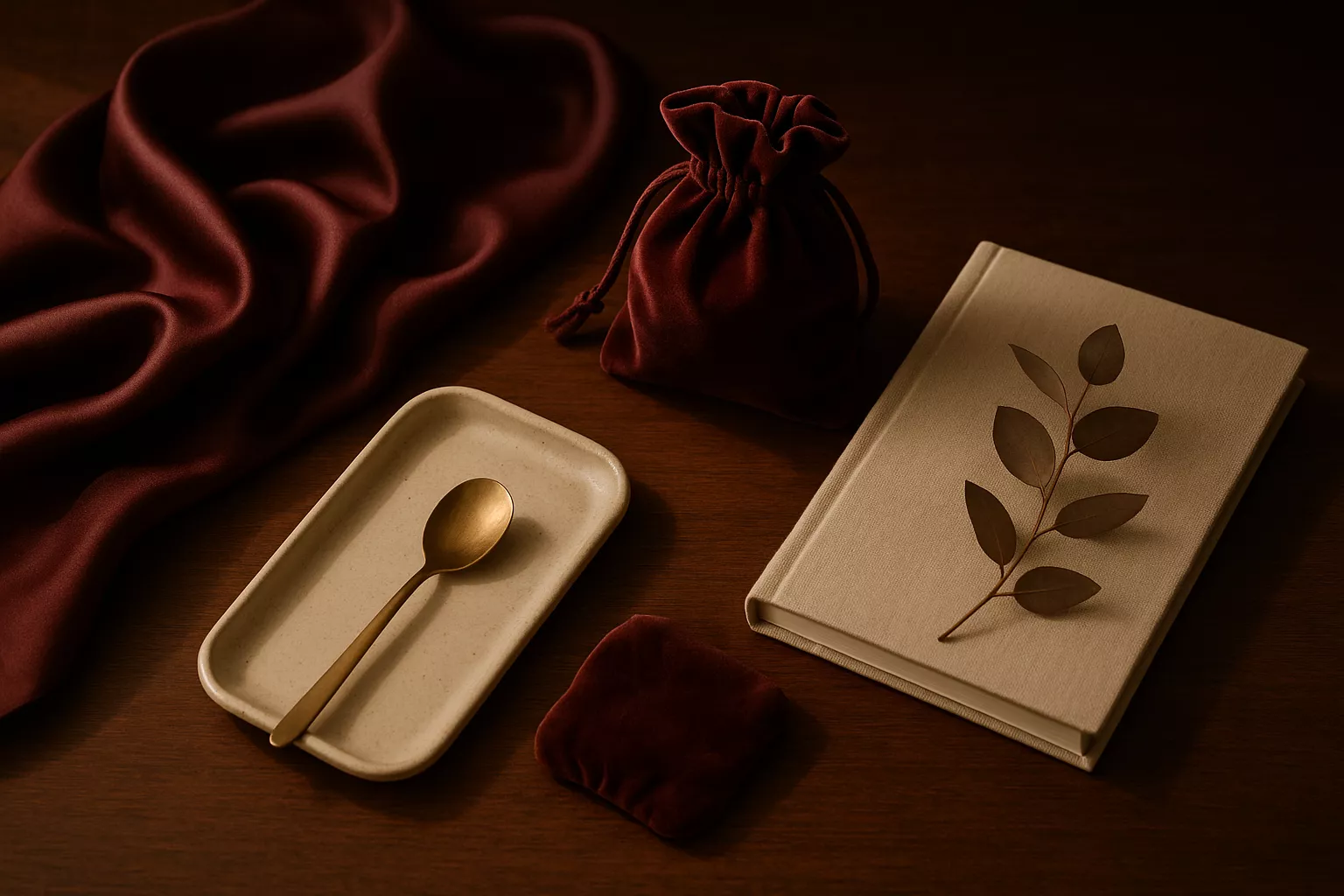 Nature morte éditoriale avec étoffe bordeaux, pochette en velours, carnet ivoire et branche d’eucalyptus sur fond bois.