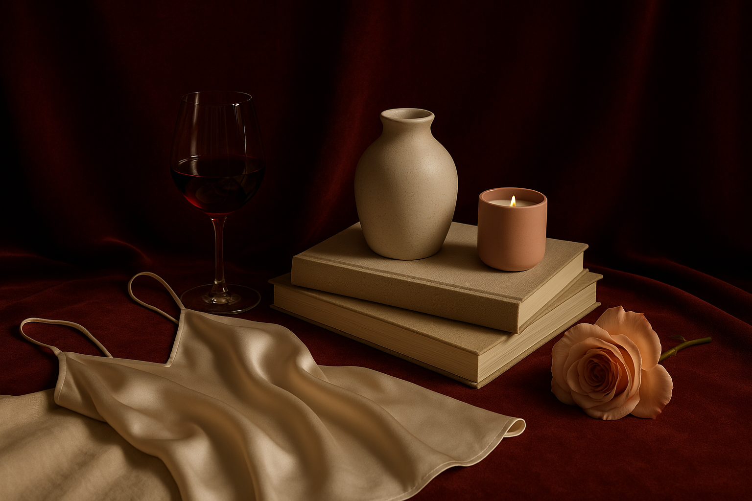 Table élégante dressée en lumière chaude, textures bordeaux et ivoire, composition nature morte