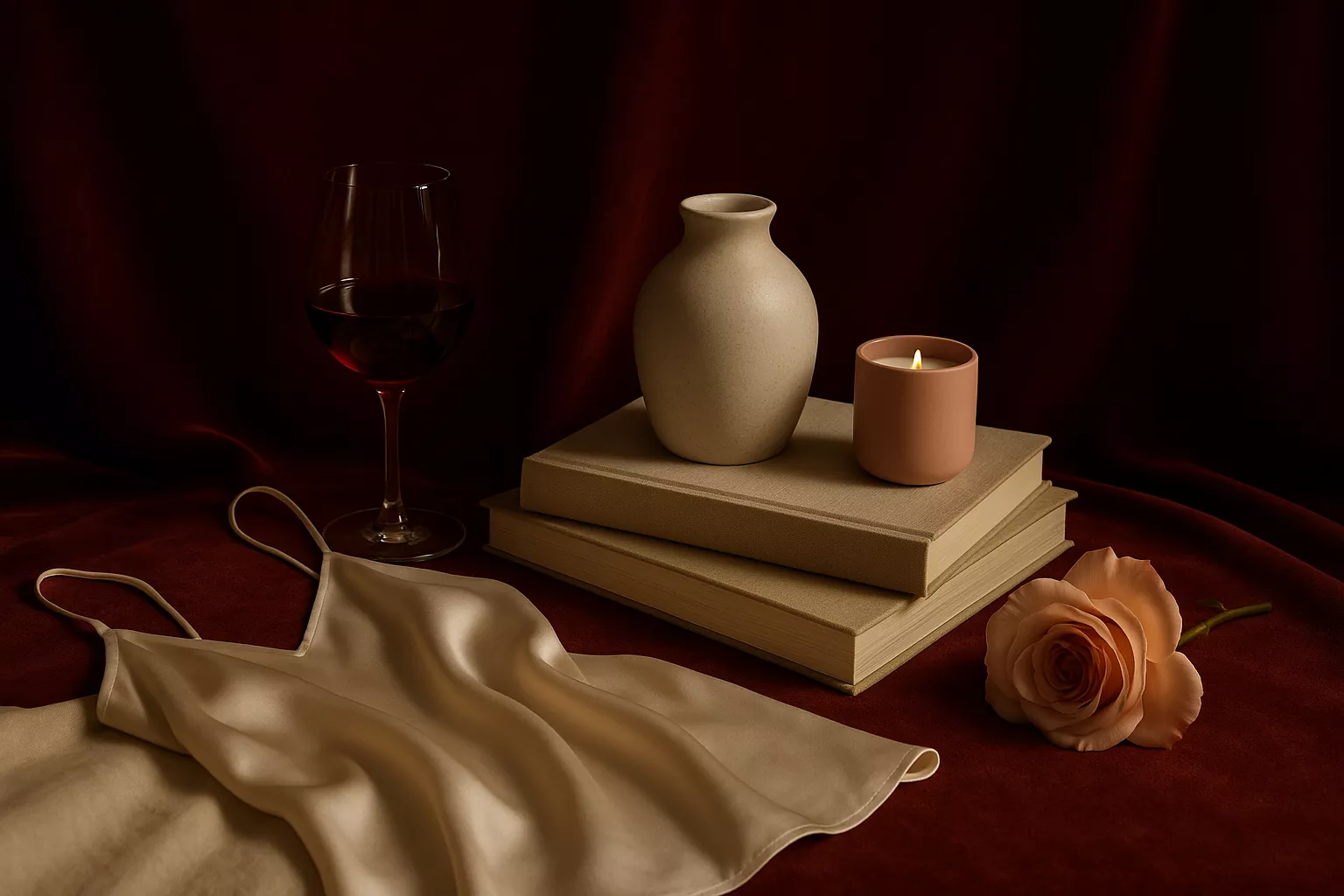 Table élégante dressée en lumière chaude, textures bordeaux et ivoire, composition nature morte
