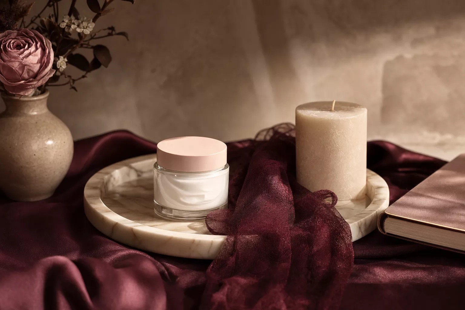 Flacon de crème posé sur un plateau en marbre ivoire avec linge en résille bordeaux et une bougie, vue rapprochée, éclairage chaud.