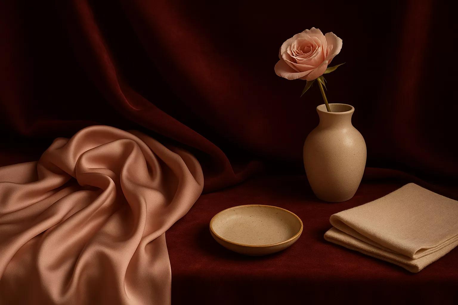 Nature morte élégante : papier crème, enveloppe ivoire et ruban bordeaux sur une table texturée, lumière chaude cinéma