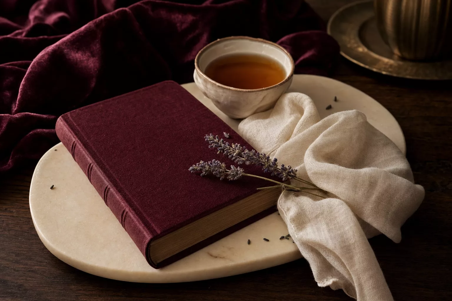 Nature morte haut de gamme sur une table en bois sombre : livre bordeaux, tasse de thé, gaze ivoire et brin de lavande, lumière chaude cinéma.