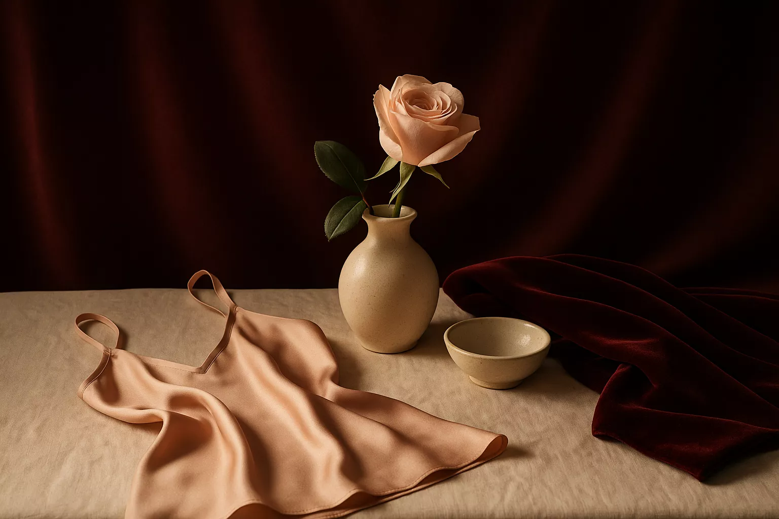 Nature morte d'accessoires élégants posés sur textures bordeaux et ivoire, lumière chaude cinéma