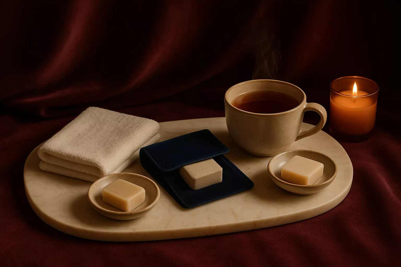 Nature morte élégante : pochette en velours ouverte sur un plateau marbre avec savon, gant de toilette et écrin tissu, éclairage chaud.