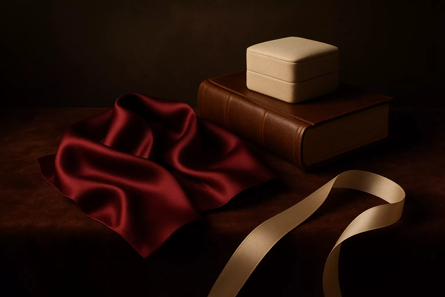 Nature morte montrant un bandeau en satin bordeaux posé près d’un ruban ivoire et d’une boîte de rangement, éclairage chaud et ambiance élégante.