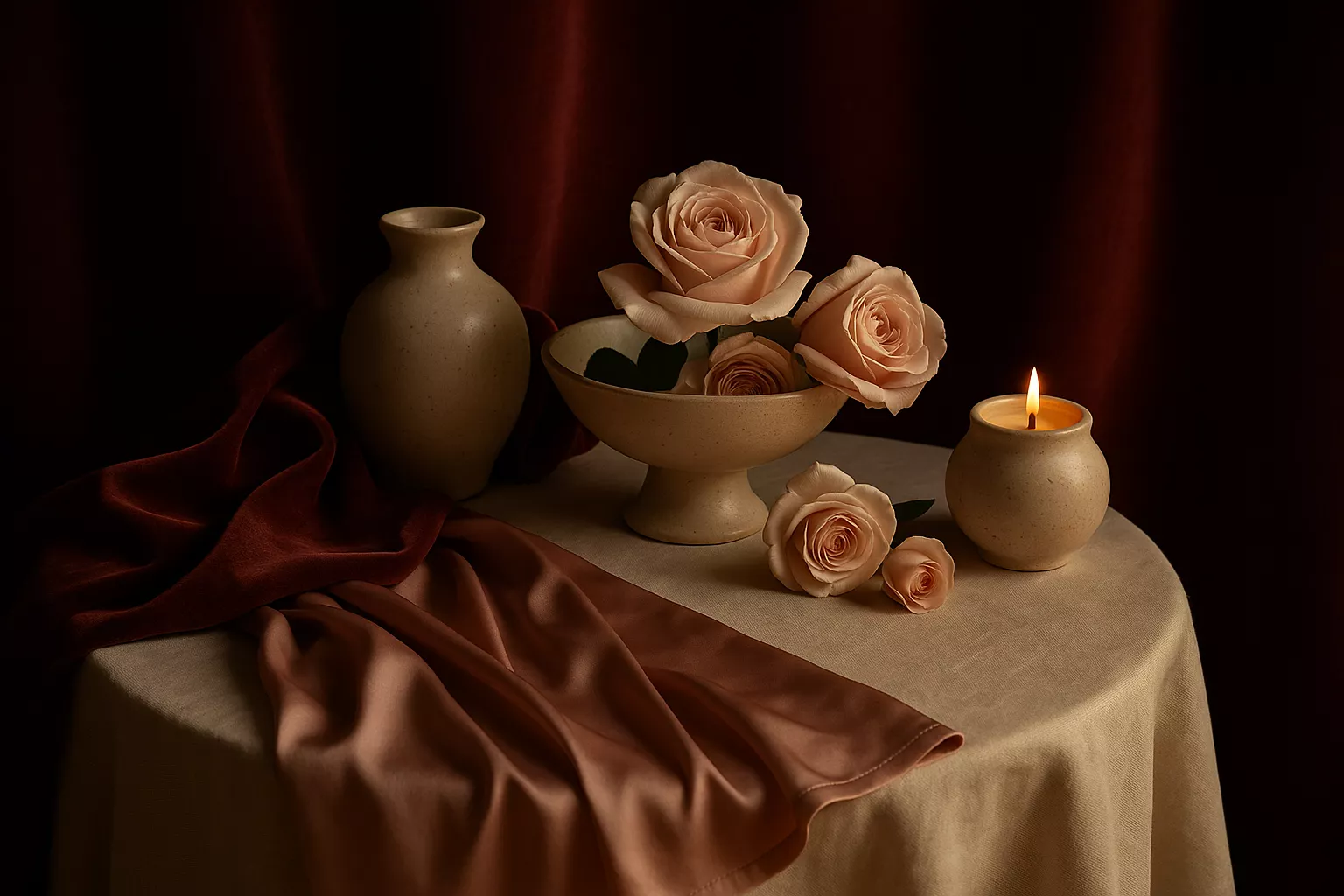 Nature morte élégante : sangles et tissus disposés sur un fond bordeaux, textures ivoire et jeu d'ombres cinématographiques