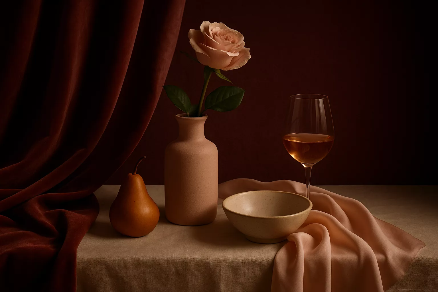 Nature morte élégante d'huiles de massage et textures, palette bordeaux et ivoire, lumière chaleureuse