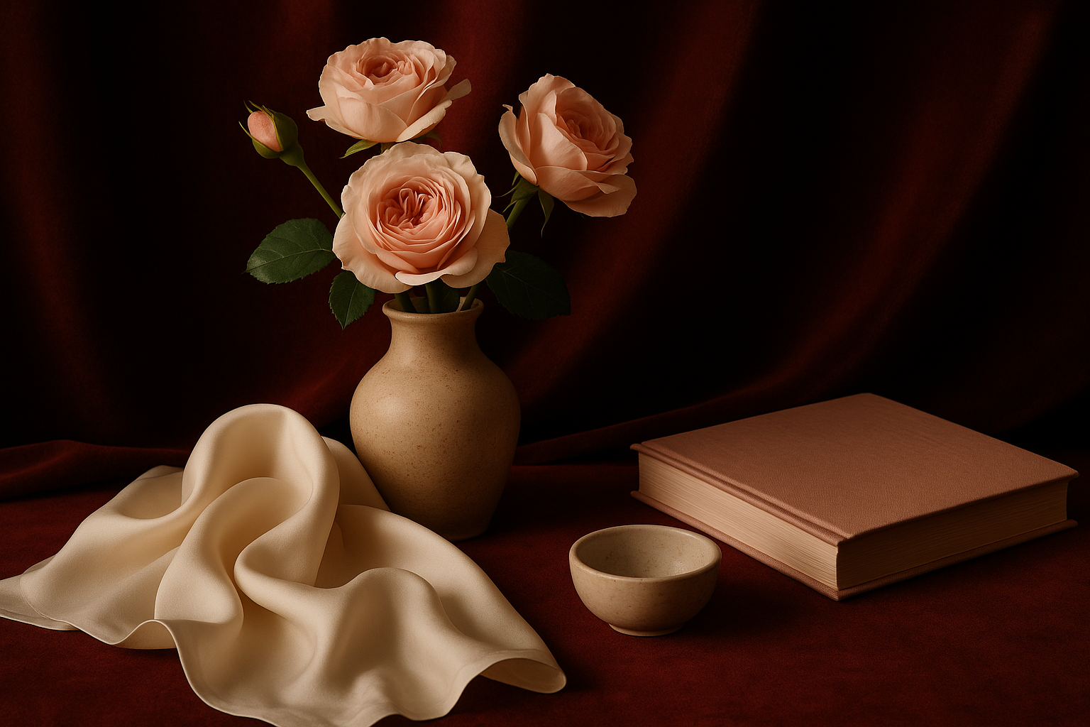 Nature morte élégante : tissus bordeaux et ivoire, accessoires soignés, lumière chaude à l'effet cinéma.