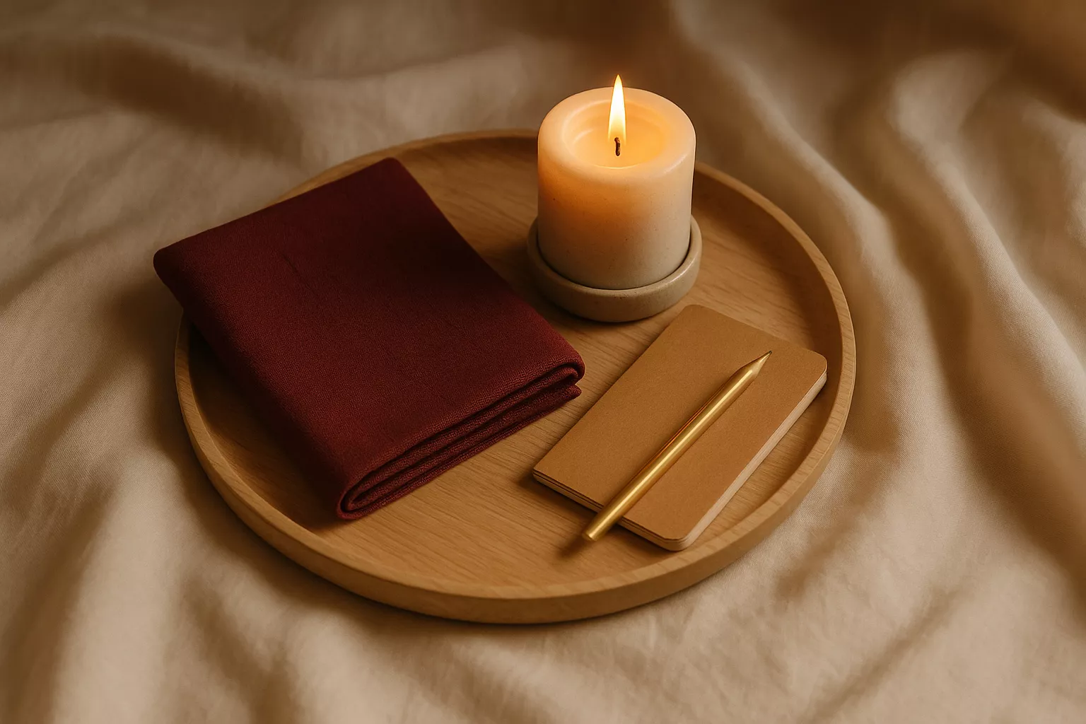 Nature morte élégante : serviette bordeaux, bougie allumée, carnet kraft et plateau en bois sur drap ivoire, lumière chaude cinéma.