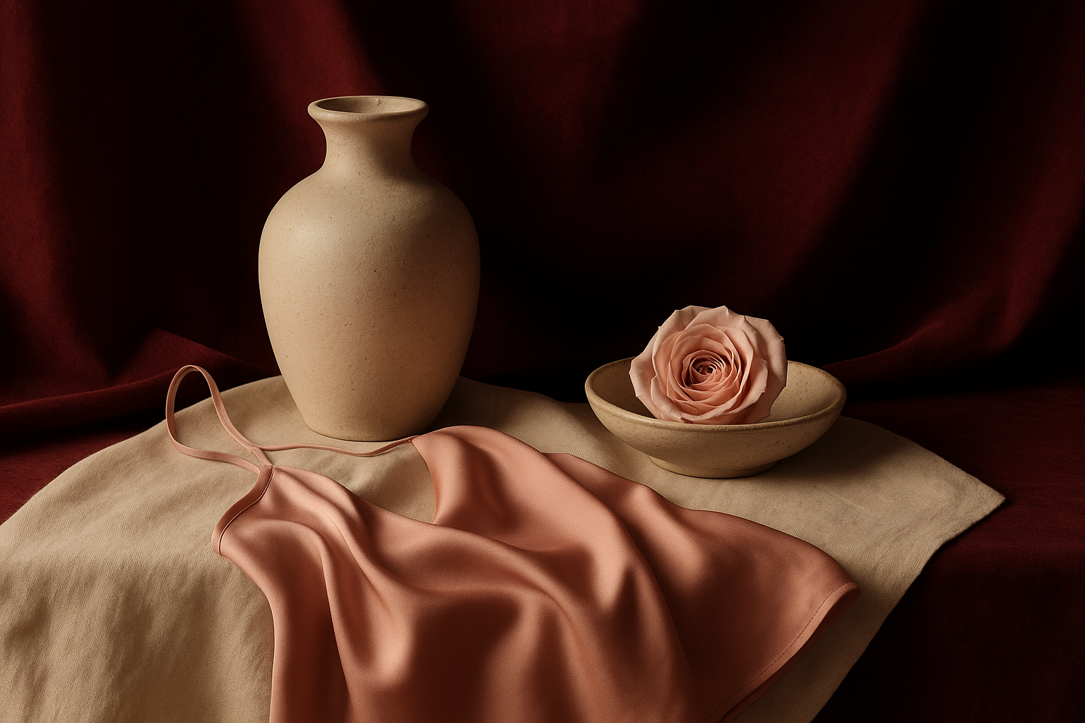 Nature morte élégante : boîte cadeau ouverte sur papier de soie ivoire, ruban bordeaux et textures satinées sous une lumière chaude cinéma.
