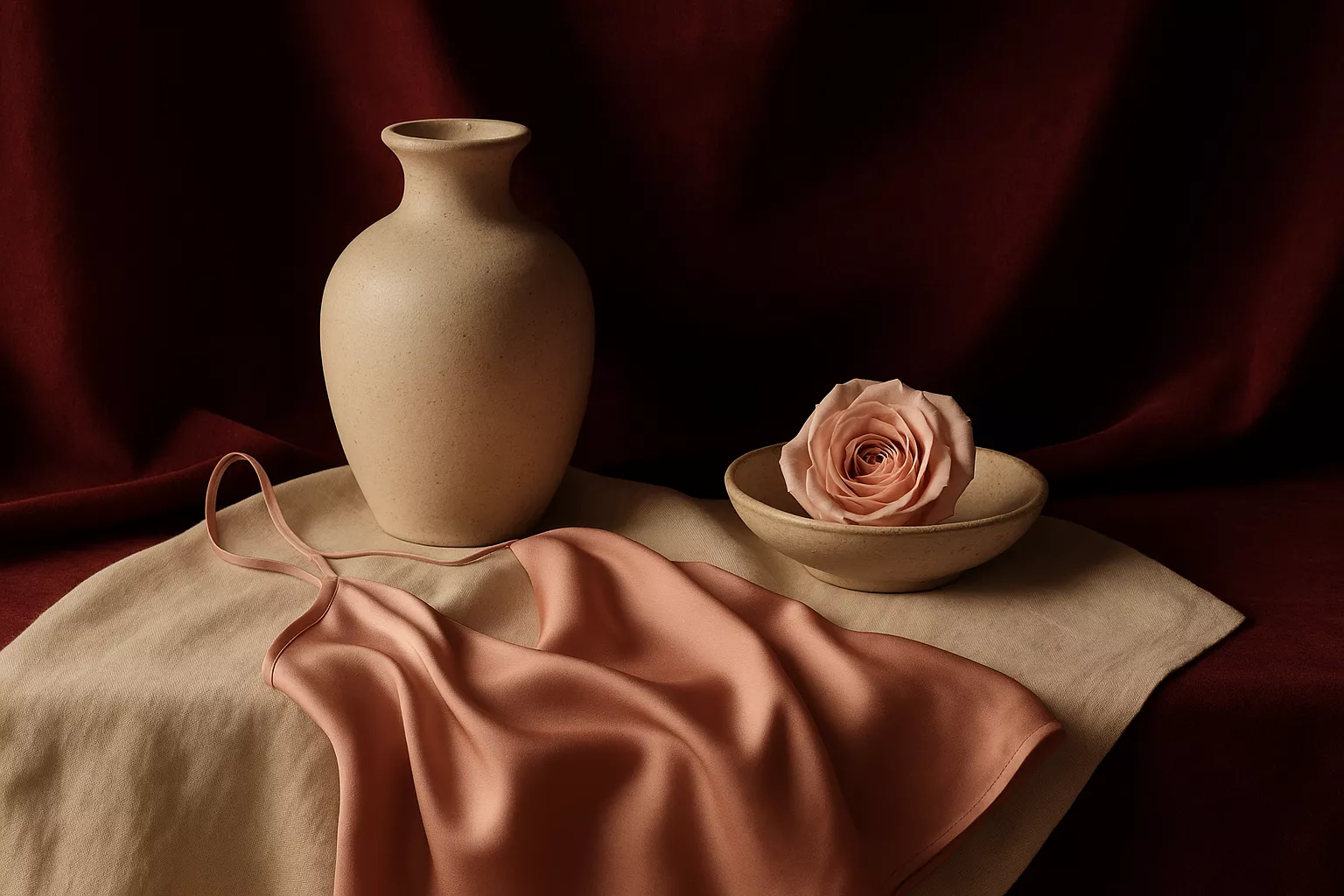 Nature morte élégante : boîte cadeau ouverte sur papier de soie ivoire, ruban bordeaux et textures satinées sous une lumière chaude cinéma.