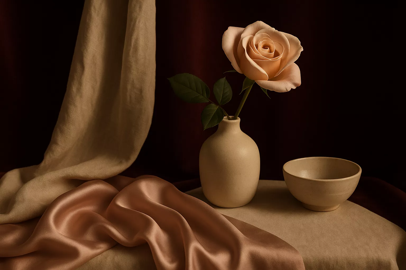 Flacon de parfum posé sur velours bordeaux, éléments ivoire et textures chaudes, nature morte élégante