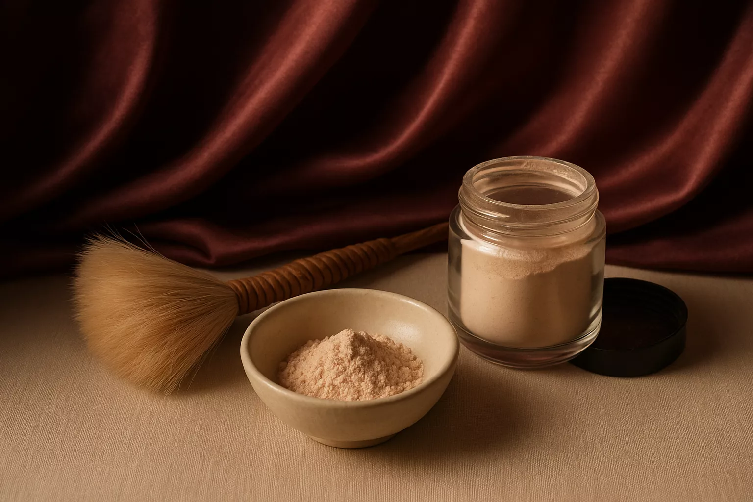Petit bol de poudre de massage posé sur une étoffe bordeaux, avec un plumeau en fibres naturelles et un flacon fermé à côté.