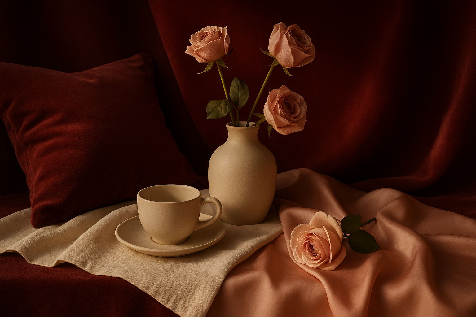 Nature morte sensorielle : textile bordeaux et ivoire, bougie chaude, pétales et textures délicates pour une atmosphère matinale intimiste.