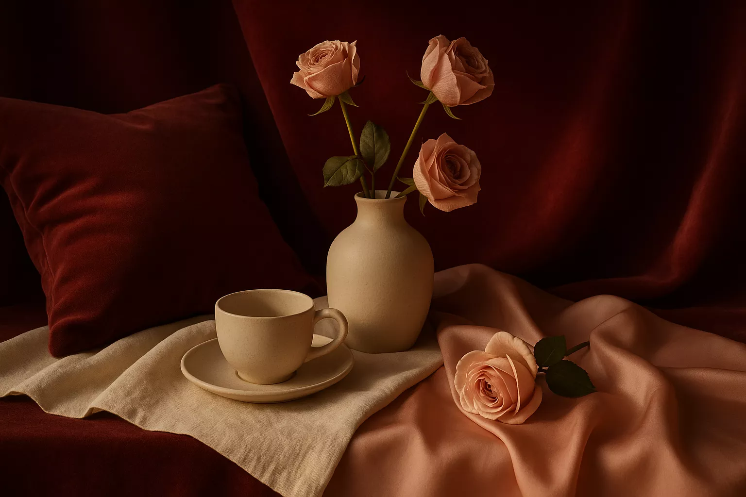 Nature morte sensorielle : textile bordeaux et ivoire, bougie chaude, pétales et textures délicates pour une atmosphère matinale intimiste.
