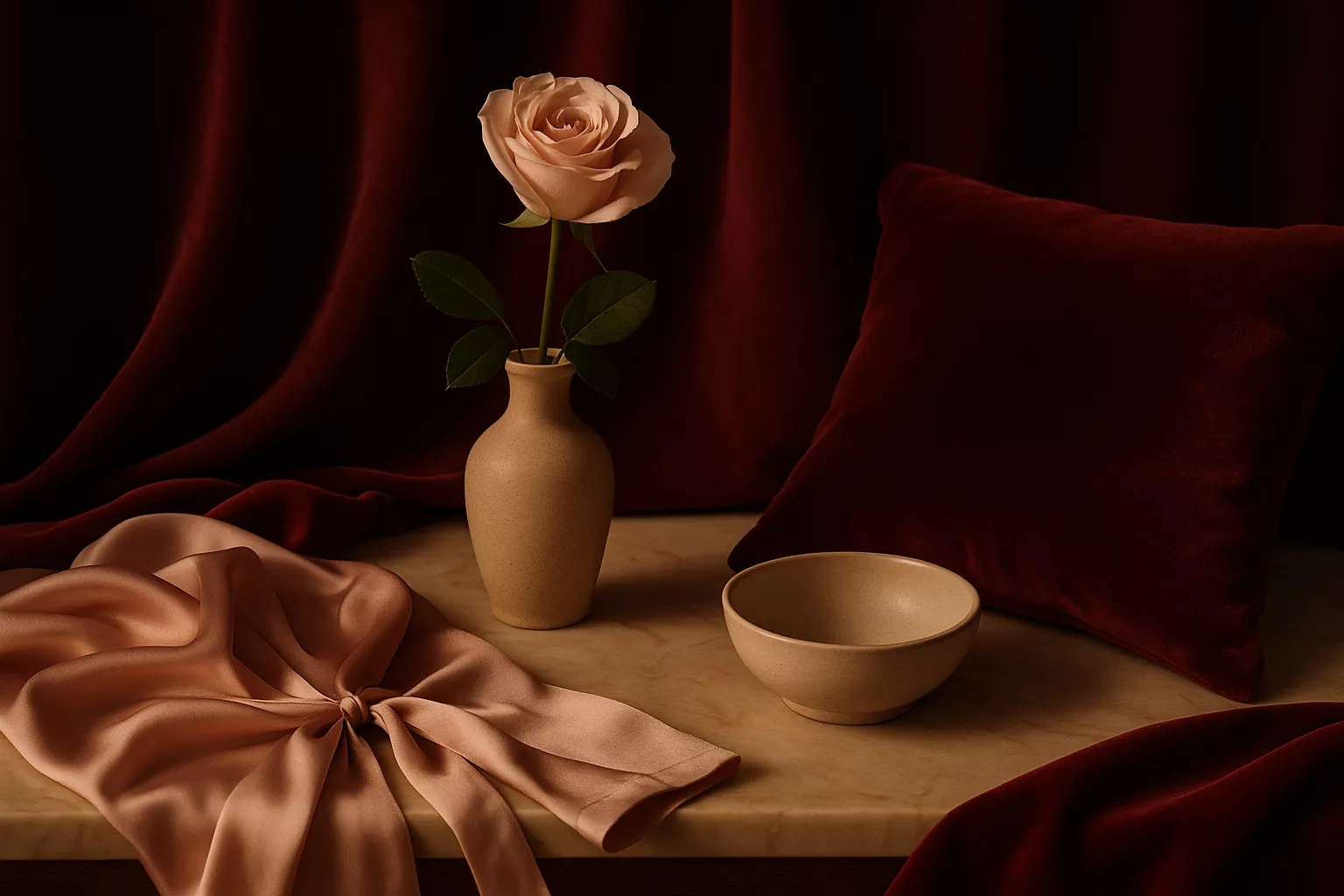 Nature morte parfum et textiles bordeaux et ivoire, lumière chaude et textures raffinées