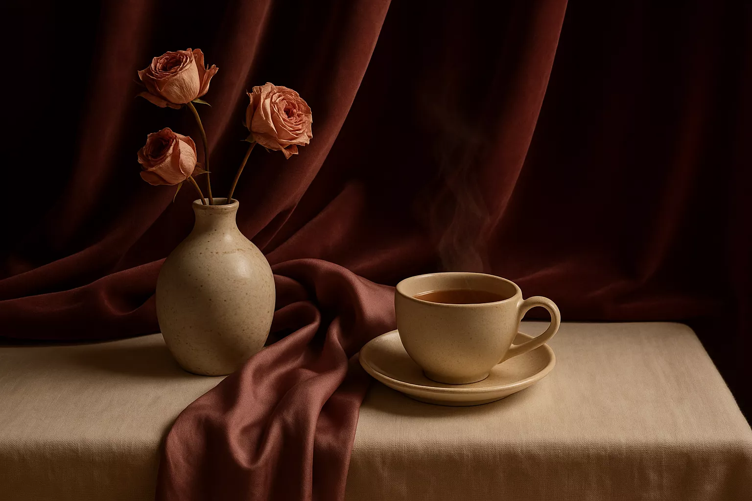 Nature morte élégante représentant objets de soin: tissus bordeaux et ivoire, flacon d'huile, bol et serviette, lumière chaude
